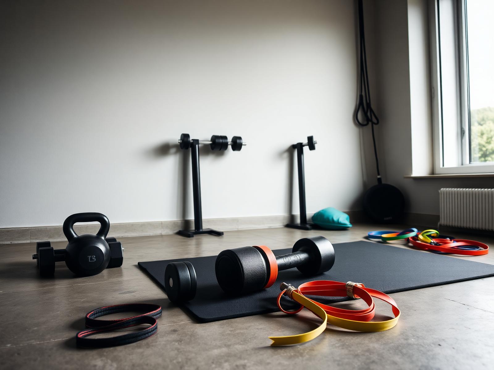 Home gym corner with kettlebell, dumbbells, mat and resistance bands